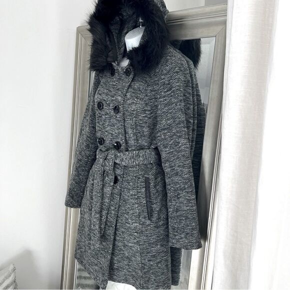 ESTABLISHED 1962 CB Black & White BELTED Hooded COAT Fur Trim Size M. - Picture 4 of 11